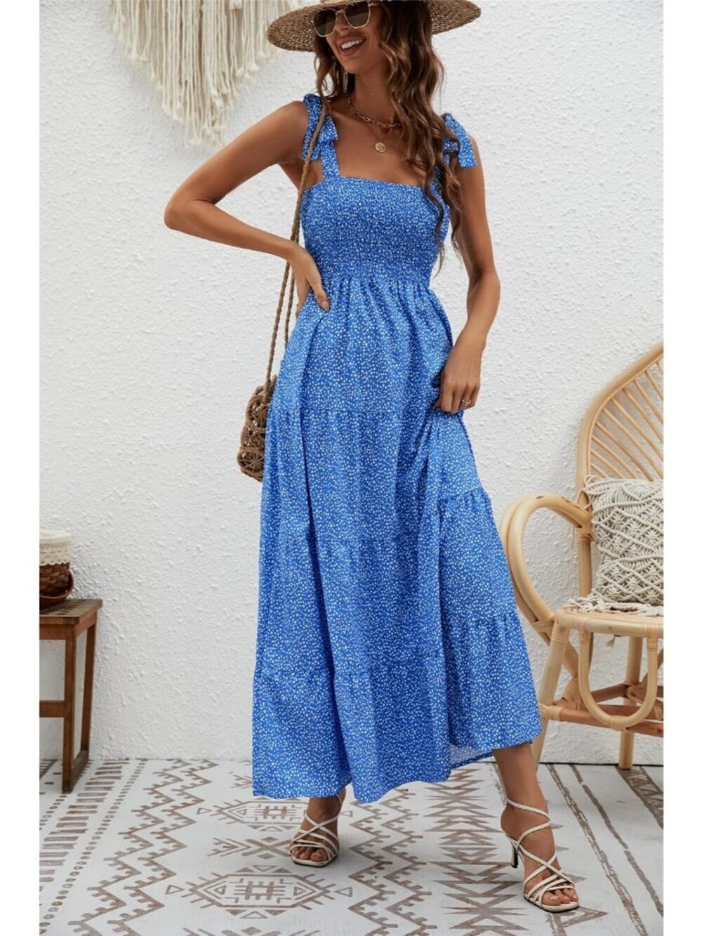 Women's Dots Blue 1 Sleeveless Square Neck Ruffle Flowy Imported Maxi Dress - Picture 3 of 6